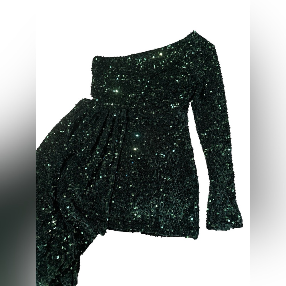 NumberSea Sexy Dress Size medium I One Shoulder Sequins Mini green MSRP $190 - Picture 10 of 10